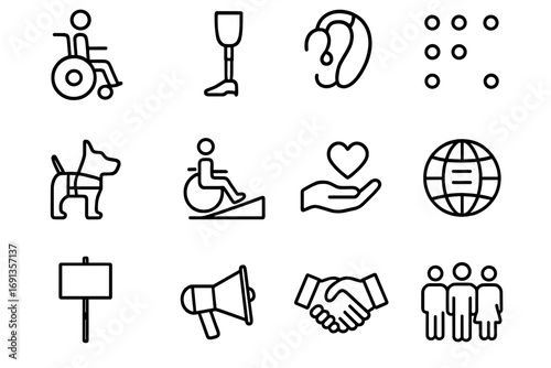 Disability Rights Icons. Outline icon set of disability rights: wheelchair, prosthetic limb, hearing aid, braille dots, guide dog,