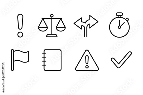 Task Priority Icons. Outline icon set of urgent vs. important tasks: exclamation mark, scale of justice,