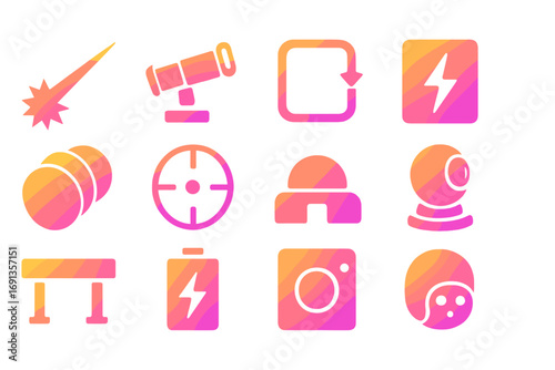 Directed Energy Icons. Gradient icons set of directed energy deflection systems: high-power laser, beam director, cooling loop,