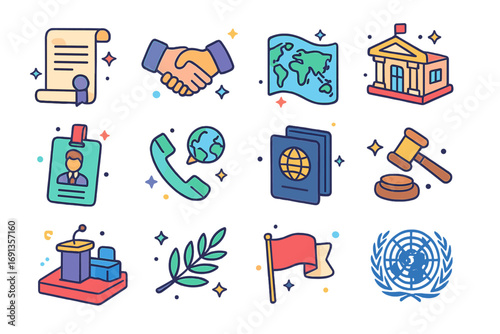 Diplomacy Icon Set. Colorful isometric vector icons set of diplomacy: treaty scroll, handshake, world map, embassy building,