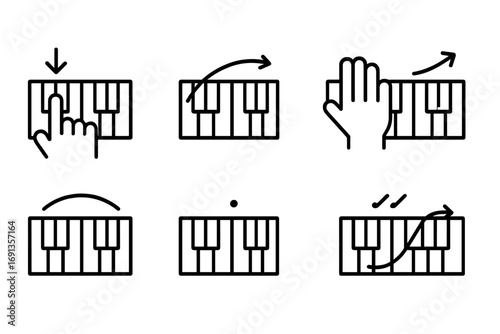 Keyboard Techniques Icons. Outline icon set of keyboard playing techniques: finger tapping, glissando, chord playing, octave jump,