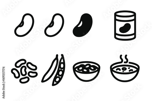 Kidney Bean Icon Set. Solid, filled icon set of kidney bean types: red kidney bean, white kidney bean, black kidney bean, canned