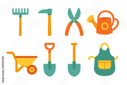 Kids' Garden Tool Icons. Flat vector mini-illustrations garden tools collection in colors children's