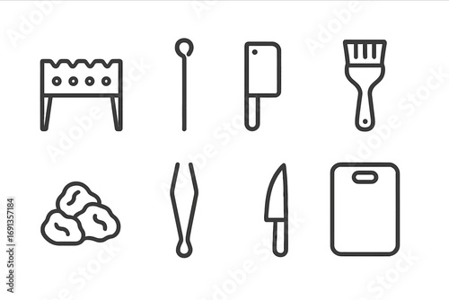 Kebab Tools Icon Set. Outline icon set of kebab preparation tools: grill, skewer stick, meat cleaver, basting brush, charcoal,