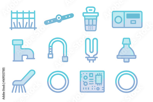 Dishwasher Tools Icons. Gradient icons set of dishwasher maintenance tools: dishwasher rack, spray arm, filter basket, detergent