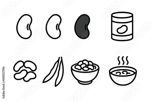 Kidney Bean Icon Set. Solid, filled icon set of kidney bean types: red kidney bean, white kidney bean, black kidney bean, canned