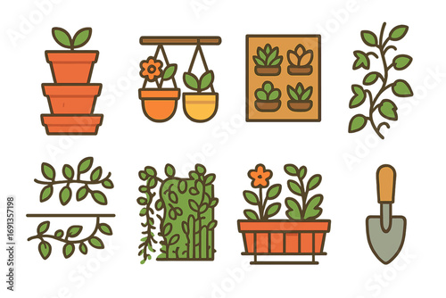 Vertical Garden Icons. Flat vector mini-illustrations vertical garden wall in colors children's illustrations: