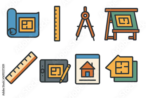 Children's Architect Tools. Flat vector mini-illustrations architectural blueprints and drafting tools in