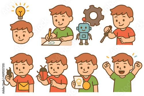 Invention Process for Kids. Flat vector mini-illustrations invention process steps in colors children's