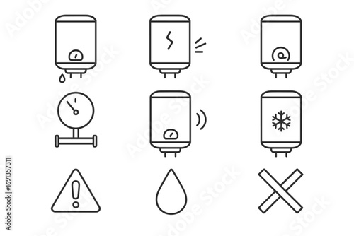 Heater Issue Icons. Outline icon set of common heater issues: leaking tank, broken element, faulty thermostat,