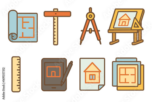 Children's Architect Tools. Flat vector mini-illustrations architectural blueprints and drafting tools in