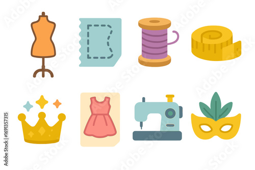 Fashion Design Icons. Flat vector mini-illustrations fashion and costume creativity in colors children's