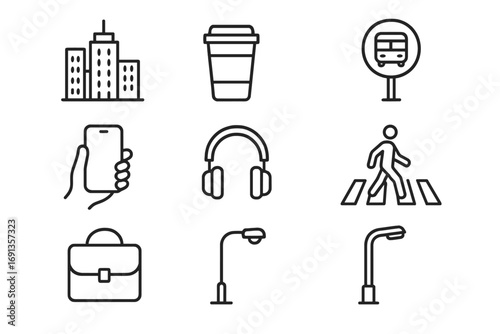 Urban Commuting Icons. Outline icon set of urban lifestyle commuting: skyscrapers, coffee to-go, bus stop sign