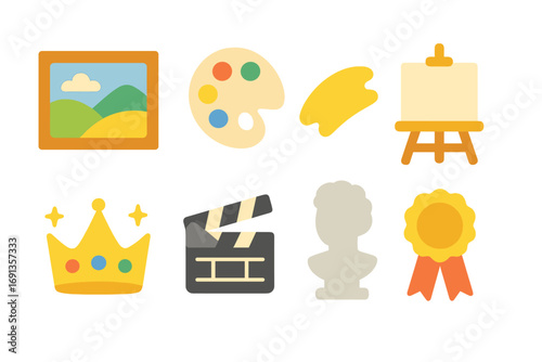 Artistic Icons Grid. Flat vector mini-illustrations artistic achievements in colors children's illustrations: