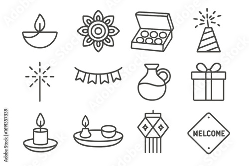 Diwali Icon Set. Outline icon set of Diwali home lights: diya lamp, rangoli pattern, sweets box, firework fountain, sparkler,