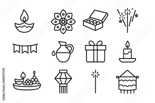 Diwali Icon Set. Outline icon set of Diwali home lights: diya lamp, rangoli pattern, sweets box, firework fountain, sparkler,