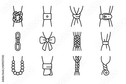 DIY Curtain Tiebacks Icons. Outline icon set of DIY curtain tiebacks: rope knot, leather strap, scarf tie, belt buckle tie, chain