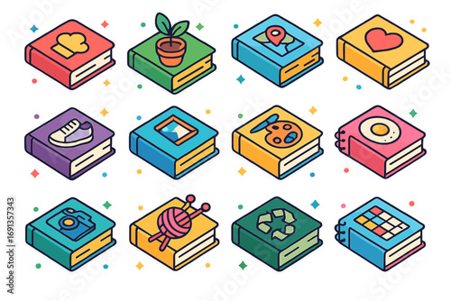 Isometric DIY Book Icons. Colorful isometric vector icons set of DIY and lifestyle book covers: cookbook, gardening guide, travel