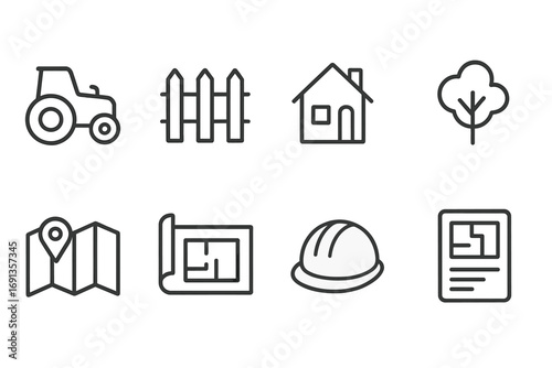Land Use Icons. Outline icon set of land use and management: tractor, fence, house, tree, map, blueprint, construction helmet,