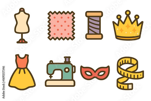 Fashion Design Icons. Flat vector mini-illustrations fashion and costume creativity in colors children's