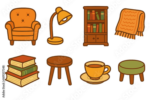 Cozy Reading Nook Icons. Flat vector mini-illustrations cozy reading nook with vintage items in colors