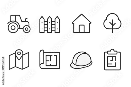 Land Use Icons. Outline icon set of land use and management: tractor, fence, house, tree, map, blueprint, construction helmet,