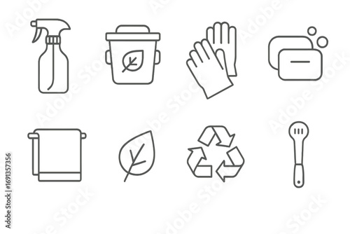 Zero Waste Icons. Outline icon set of zero waste cleaning: glass spray bottle, compost bin, reusable gloves,
