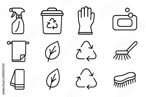 Zero Waste Icons. Outline icon set of zero waste cleaning: glass spray bottle, compost bin, reusable gloves,