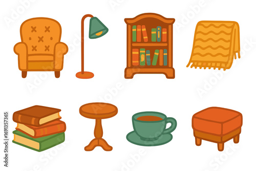Cozy Reading Nook Icons. Flat vector mini-illustrations cozy reading nook with vintage items in colors