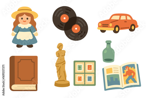 Classic Collectibles Icons. Flat vector mini-illustrations classic collectibles in home décor in colors