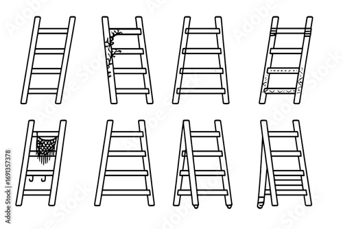 DIY Ladder Icon Set. Outline icon set of DIY decorative ladder projects: ladder with painted finish, ladder with stenciled design,