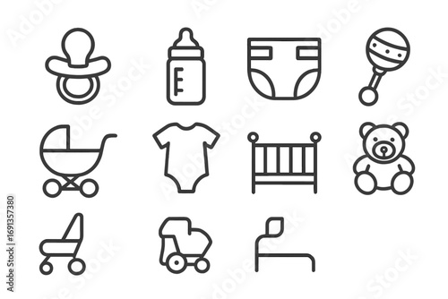 Baby Essentials Icons. Outline icon set of baby essentials: pacifier, baby bottle, diaper, rattle, stroller,