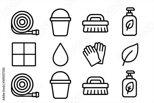 Eco Cleaning Icons. Outline icon set of outdoor eco cleaning: garden hose, bucket, scrub brush, biodegradable
