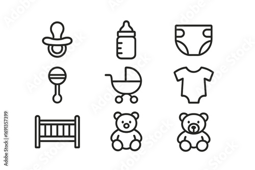 Baby Essentials Icons. Outline icon set of baby essentials: pacifier, baby bottle, diaper, rattle, stroller,