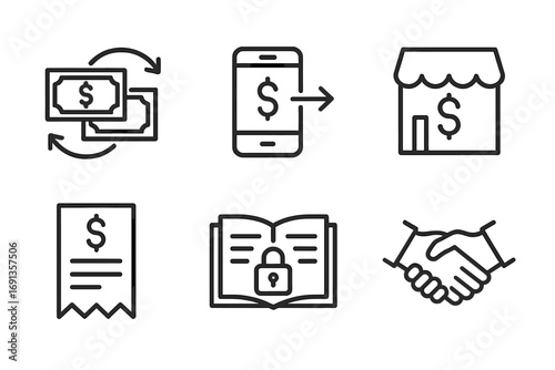 Laundering Transaction Icons. Outline icon set of laundering transactions: cash exchange, wire transfer, invoice, shell company,