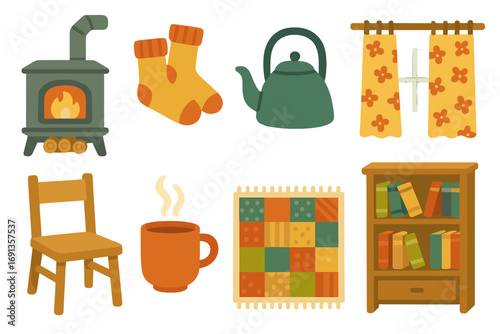 Cozy Dacha Morning. Flat vector mini-illustrations Cozy interior of a dacha morning in colors children's