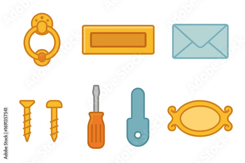 Door Decor Icons. Flat vector mini-illustrations Attaching door knocker and mail slot in colors children's illustrations: