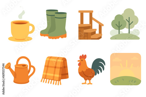 Morning Dacha Icons. Flat vector mini-illustrations Early morning at the dacha in colors children's