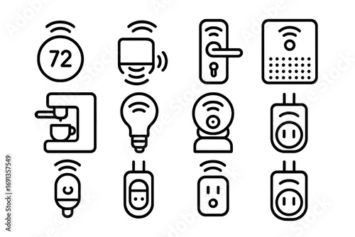 Office IoT Device Icons. Outline icon set of office IoT devices: smart thermostat, motion sensor, door lock,