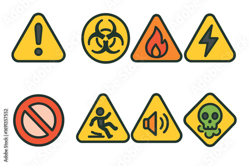 Colorful Safety Icons. Flat vector mini-illustrations Warning signs and hazard symbols in colors children's