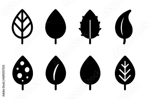 Leaf Texture Icons. Solid, filled icon set of leaf textures and details: veined leaf, smooth leaf, hairy leaf, curled leaf,