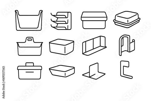 Door Storage Icons. Outline icon set of door storage accessories: gallon door bin, can rack, dairy compartment, butter dish,