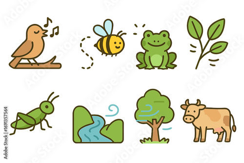 Countryside Nature Sounds. Flat vector mini-illustrations Nature sounds in the countryside in colors