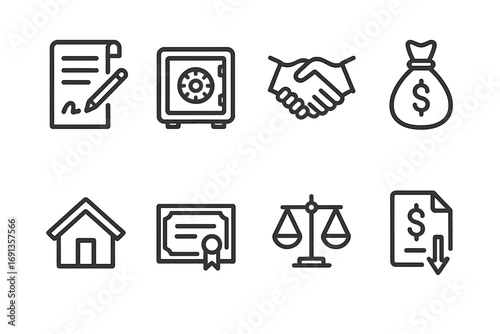 Legacy Inheritance Icons. Outline icon set of legacy inheritance: will document, safe deposit box, handshake, money bag, house,