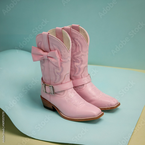 Pink cowboy boots on a pastel background