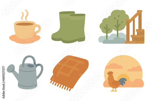 Morning Dacha Icons. Flat vector mini-illustrations Early morning at the dacha in colors children's