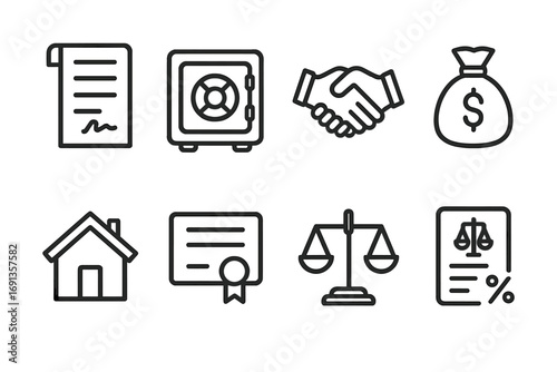 Legacy Inheritance Icons. Outline icon set of legacy inheritance: will document, safe deposit box, handshake, money bag, house,