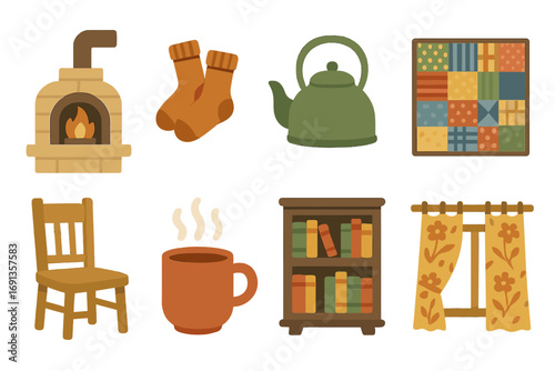 Cozy Dacha Morning. Flat vector mini-illustrations Cozy interior of a dacha morning in colors children's