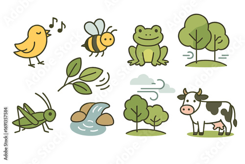 Countryside Nature Sounds. Flat vector mini-illustrations Nature sounds in the countryside in colors