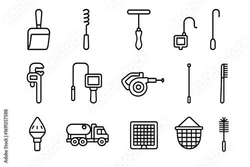 Drain Maintenance Tools Icons. Outline icon set of drainage maintenance tools: gutter scoop, pipe snake, drain auger, manhole hook